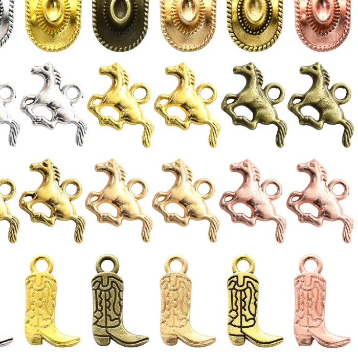 Authentic 18pcs Western Cowboy Themed Charms Alloy Metal Horse Cowboy Boot Hat Pendant For DIY Bracelet Necklace Earrings Jewelry Making