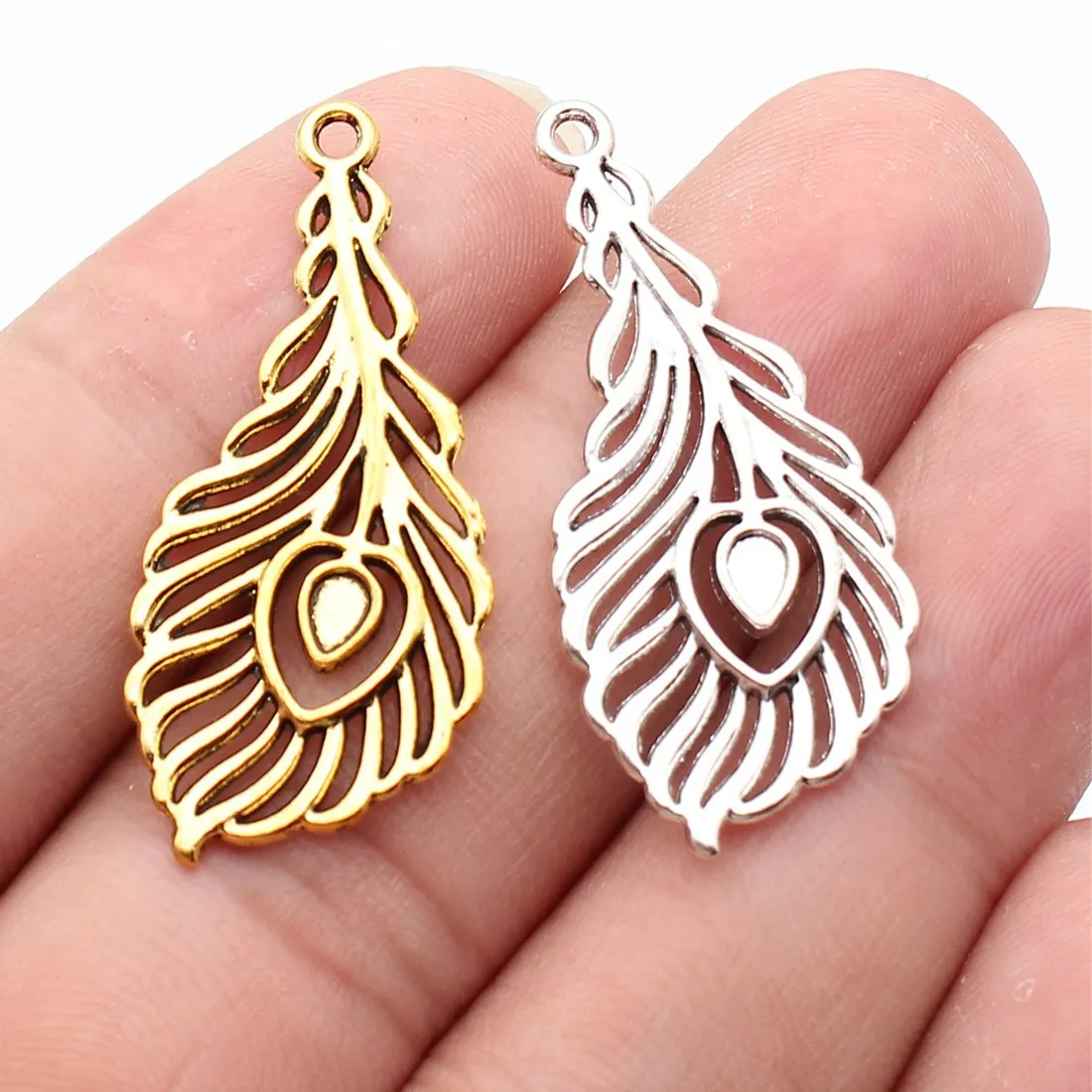 Authentic WYSIWYG 10pcs 39x18mm Antique Silver Color Antique Gold Color Peacock Feather Charms For Jewelry Making