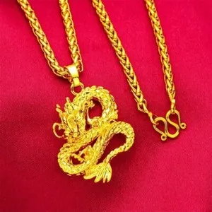 Authentic 24K Gold plated Fried Dough Twists Domineering Chain Dragon Pendant Necklace
