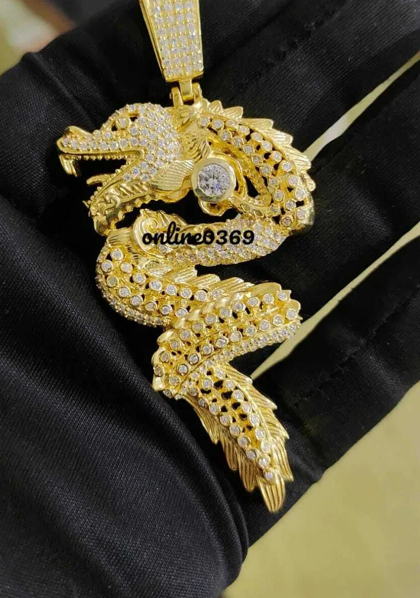 Authentic 1.96 ct RD Cubic Zirconia men's Dragon Pendant Yellow Gold Plated Silver