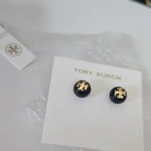 Authentic Tory Burch Round Logo Stud Earrings Black Resin Gold Plated Butterfly Back