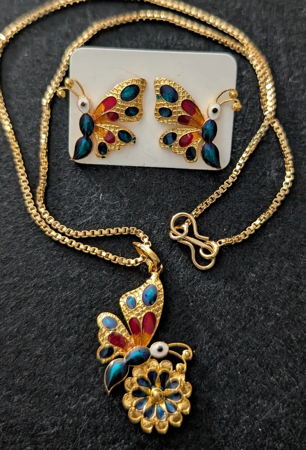 Authentic Butterfly Gold Plated Enamel Necklace & Earrings Set Multicolor Statement