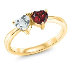 Authentic 18K Yellow Gold Plated Silver Aquamarine and Garnet Ring For Women (1.02 Cttw,