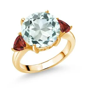 Authentic 18K Yellow Gold Plated Silver Sky Blue Simulated Aquamarine and Garnet 3-Stone