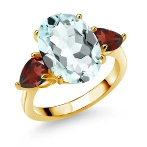 Authentic 18K Yellow Gold Plated Silver Sky Blue Simulated Aquamarine and Garnet Ring For