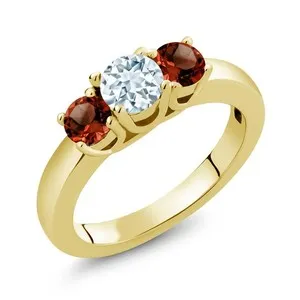 Authentic 1.24 Ct Round Sky Blue Aquamarine Red Garnet 18K Yellow Gold Plated Silver Ring