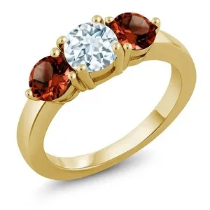 Authentic 2.75 Ct Round Sky Blue Aquamarine Red Garnet 18K Yellow Gold Plated Silver Ring
