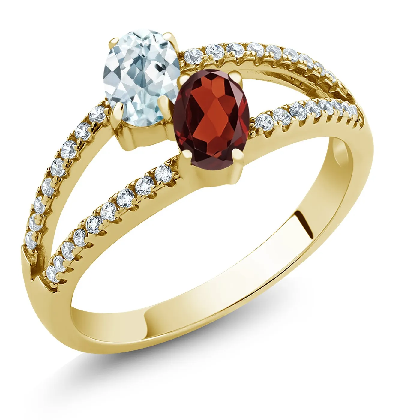 Authentic Celestial Azure & Crimson Heart Ring – 1.48 ct Aquamarine & Garnet in 18K Gold‑Plated Silver