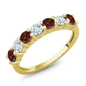 Authentic 1.31 Ct Round Red Garnet Sky Blue Aquamarine 18K Yellow Gold Plated Silver Ring
