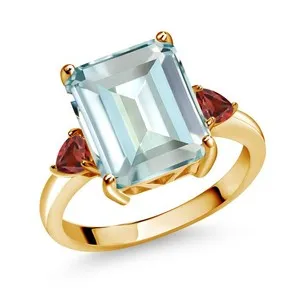 Authentic Celestial Harmony: 18K Yellow Gold Plated Silver Ring with Sky Blue Simulated Aquamarine Garnet