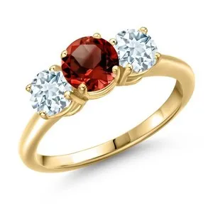 Authentic 2.00 Ct Round Red Garnet Sky Blue Aquamarine 18K Yellow Gold Plated Silver Ring