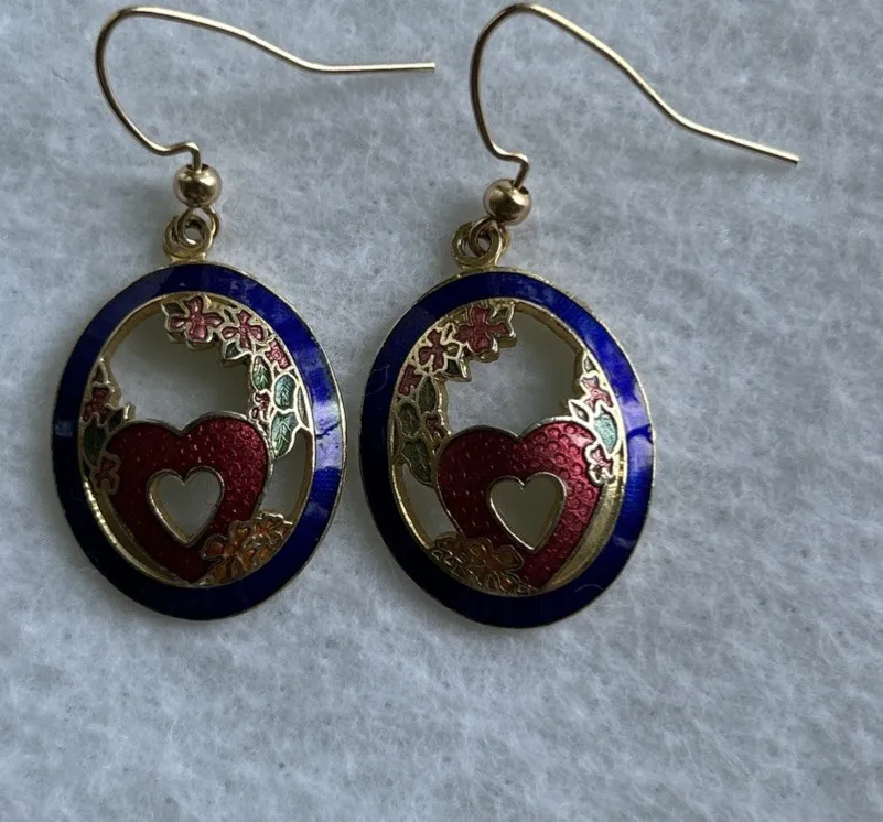 Authentic Vintage Gold Plated Red Heart & Green Ivy Drop Earrings