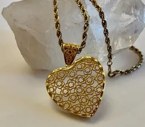 Authentic Celestial Heart: 925 Gold‑Plated Filigree Pendant with 9″ Radiant Rope
