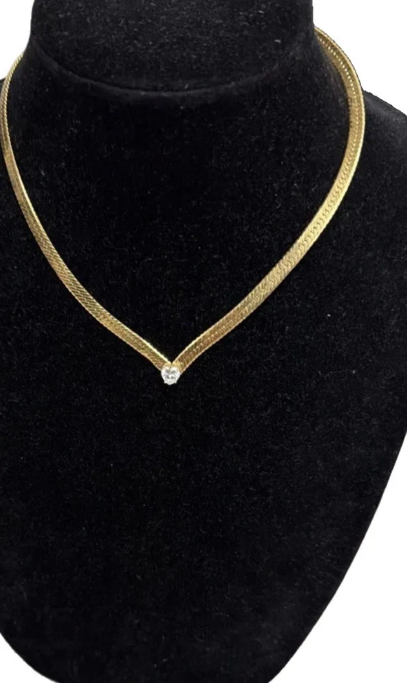Authentic Vintage Tiny Heart CZ Gold Plated Pendant Cubic Zirconia 17”Herringbone Necklace