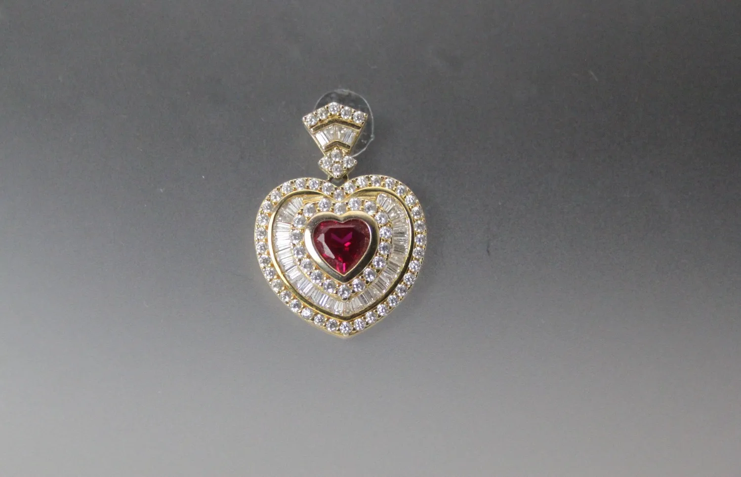 Authentic Gold Plated Sterling Silver Red & Clear CZ Heart Pendant  10.4 Grams (PEN10312)