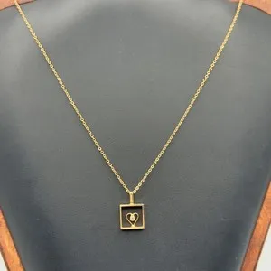 Authentic Gold Plated Heart Pendant Necklace With Square Frame & Chain