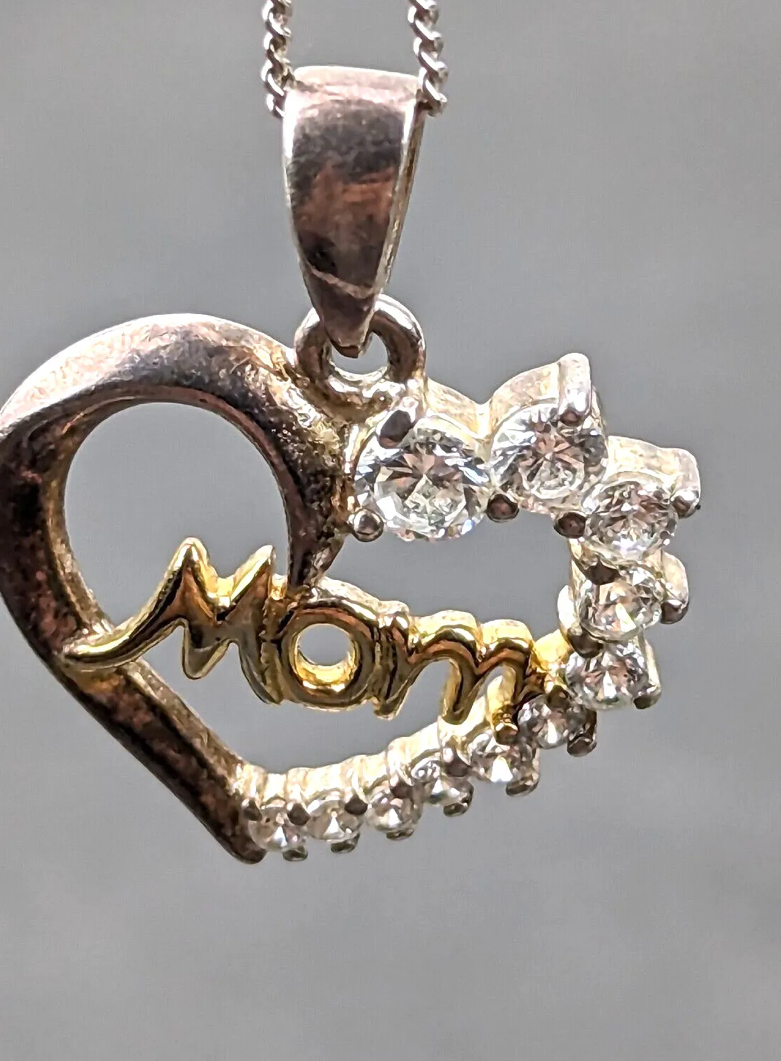 Authentic Sterling Silver 925 Heart 14k Gold Plated Mom Necklace + CZ Accent + 18" #D3