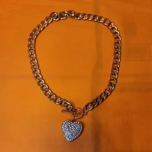 Authentic Heart Shaped Gold Plated Necklace Toggle Closure Crystal Rhinestones