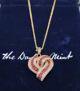 Authentic Danbury Mint 14K Gold Plated The Love Knot Ruby Heart Pendant Necklace 18"+2"