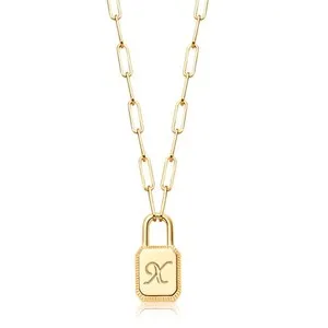 Authentic Gold Dainty Initial Necklace Lock Necklace 20K Gold Plated Padlock Paperclip Cha