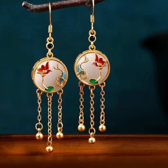 Authentic Golden Harmony Enamel Peace Lock Tassel Earrings