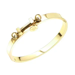Authentic Titanium Steel Love Lock Bangle – Romantic Gold-Plated Bracelet for Lovers, 17cm