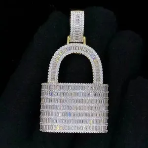 Authentic 2.50Ct Baguette Cut Lab Created Diamond Lock Men's Pendant 14K White Gold Plated