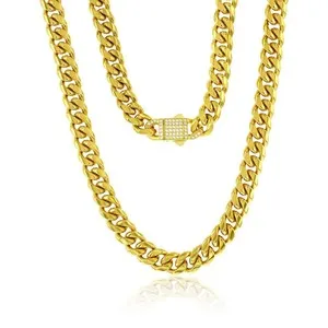 Authentic Stainless Steel, 12mm Miami Cuban, CZ Lock Necklace - Gold Plated