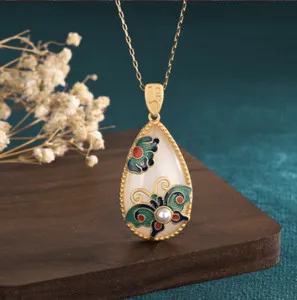 Authentic Whispers of Elysian Wings: Butterfly Jade Cloisonné Gold Plated Pendant