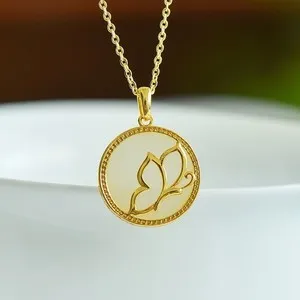 Authentic Natural White Jade Inlaid With Gold-Plated Butterfly Pendant, Handmade Necklace