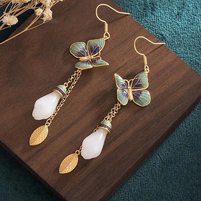 Authentic China-Chic Style Gold Plated Hotan Jade Orchid Butterfly Tassel Earrings - Sacred Dance of Nature's Beauty