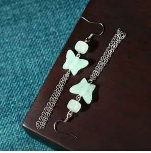 Authentic Jade Drop Dangle Earrings Retro Bohemian Butterfly Hook 18K White Gold Plated