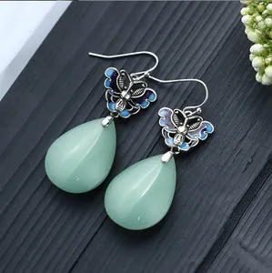 Authentic Jade Drop Dangle Earrings Retro Bohemian Butterfly Hook 18K White Gold Plated