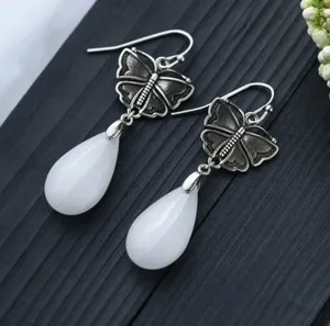 Authentic Jade Bohemian Drop Dangle Earrings Retro Butterfly 18K Gold Plated Gemstone