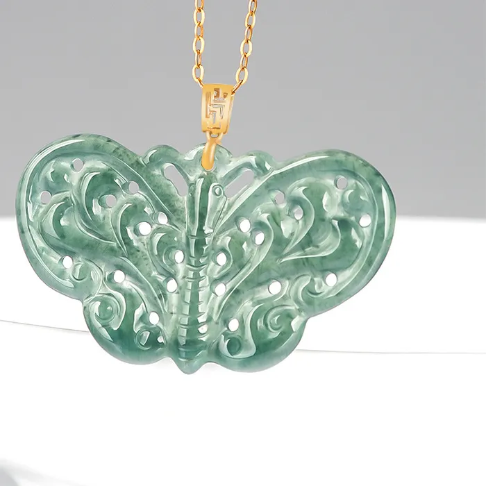 Authentic The Azure Metamorphosis: Gold-Plated Ice Jade Butterfly Amulet