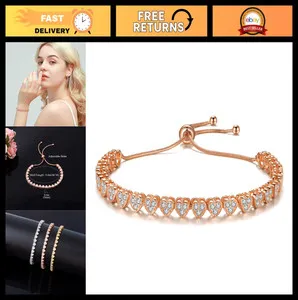 Authentic 14K Gold Plated Adjustable Heart Shape CZ Tennis Bracelet for Women - Fashion Je