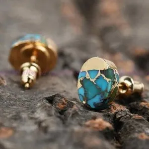 Authentic Mystic Turquoise Gold‑Plated Oval Studs – Reiki Healing Amulets