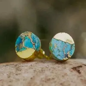 Authentic Genuine Turquoise Gold Plated Women Healing Reiki Dainty Oval Stud Earrings