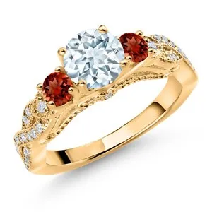 Authentic 18K Yellow Gold Plated Silver Aquamarine Garnet and White Moissanite Engagement