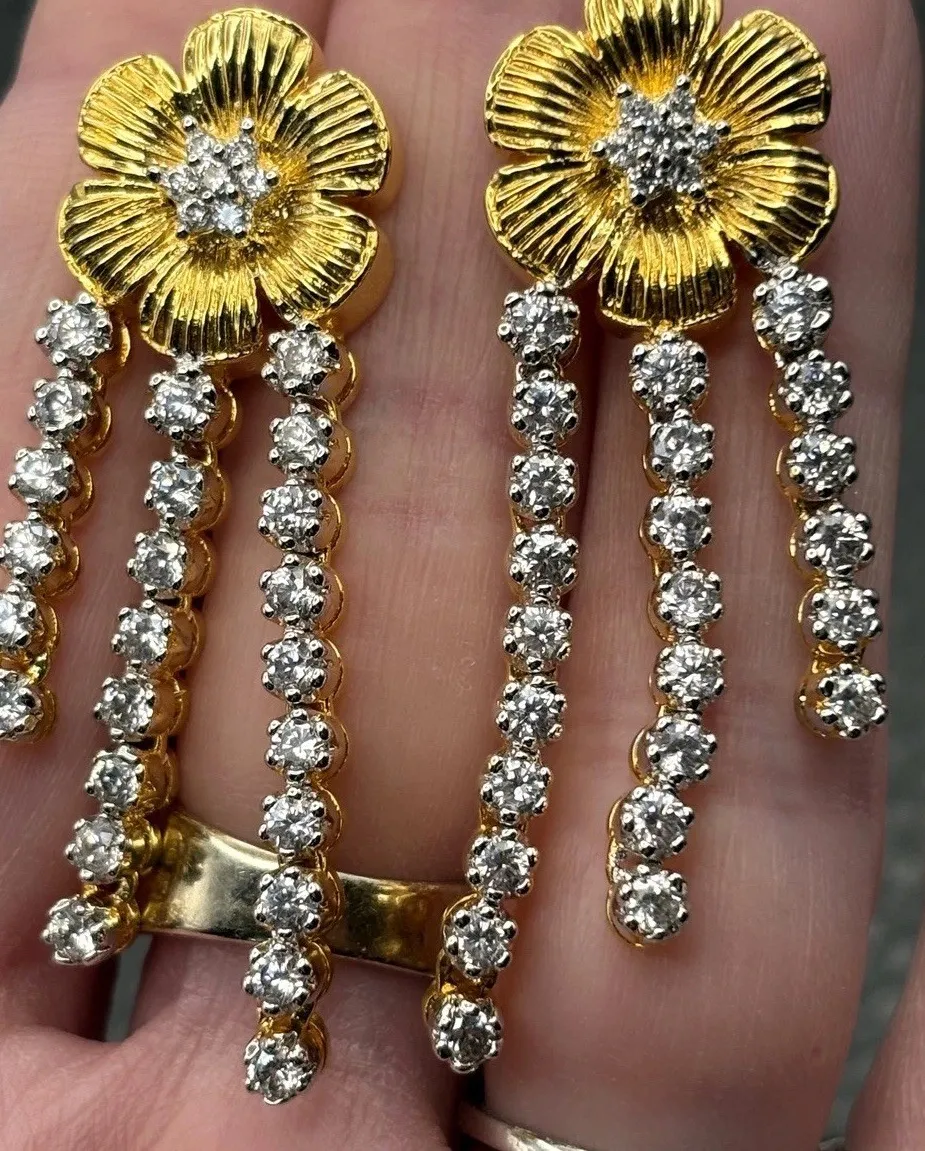 Authentic Gorgeous Cubic Zirconia Flower Gold Plated Chandelier Drop Pierced Earrings