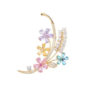 Authentic Gold Plated Mixed Color Cubic Zirconia CZ Flower Brooch Pin