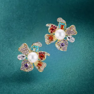 Authentic Gold Plated Multi-Color Cubic Zirconia Flower Stud Earrings