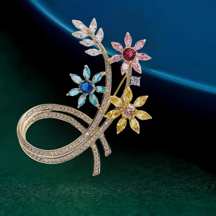Authentic Celestial Gold‑Leaf Blossom Brooch – Radiant Zirconia Petals