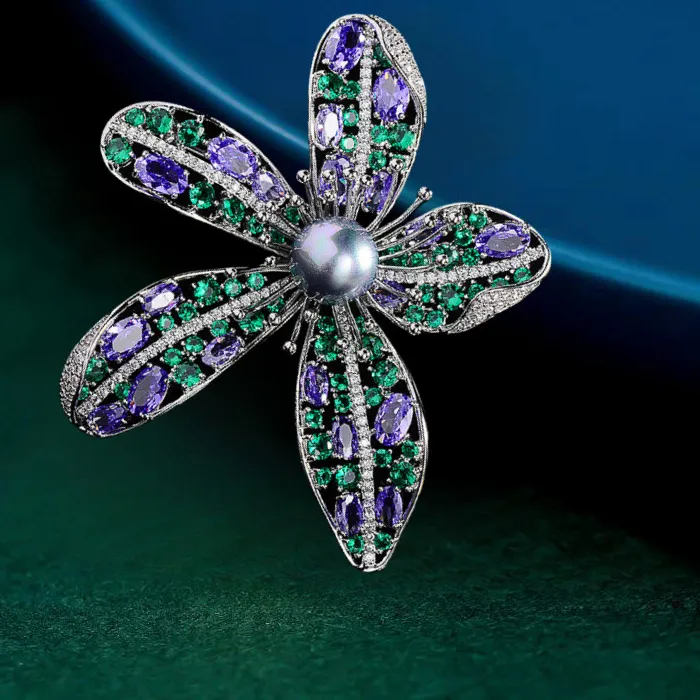Authentic Enchanted Aurora Blossom Brooch – White‑Gold Plated Flower of Violet & Emerald Light