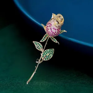Authentic Elegant Gold Plated Rose Pink Green Cubic Zirconia CZ Flower Brooch Pin