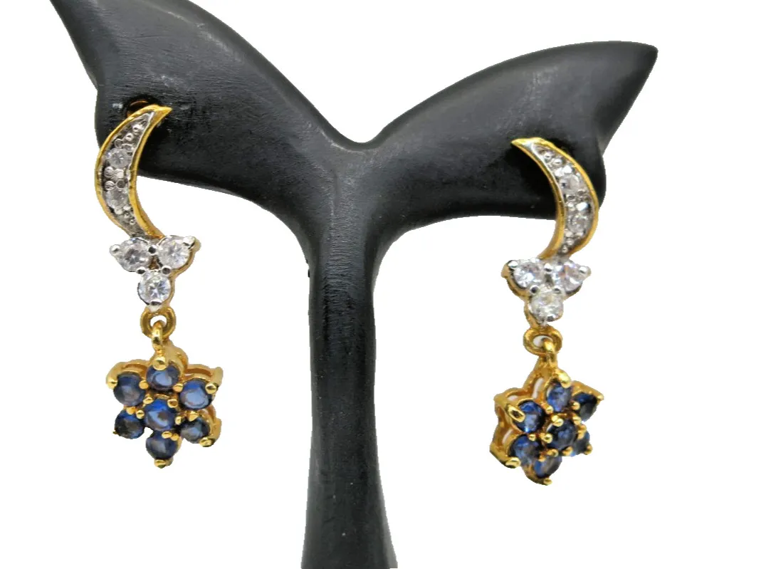 Authentic Vintage Blue Flower Earrings 18K Gold Plated Cubic Zirconia Dangle Charm Minimal