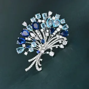 Authentic White Gold Plated Blue Cubic Zirconia Flower Bouquet Brooch Pin