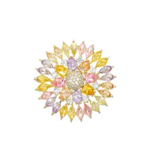 Authentic Gold Plated Multi-Color Cubic Zirconia CZ Round Flower Brooch Pin