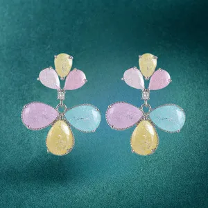 Authentic White Gold Plated Purple/Green Cubic Zirconia Flower Stud Earrings