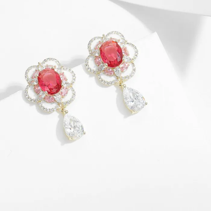 Authentic Gold Plated Red Cubic Zirconia Enamel Flower Drop Stud Earrings